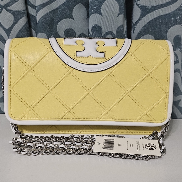 Tory Burch Fleming Leather Soft Wallet on Chain Vintage Lemon Yellow Crossbody💛 - Picture 3 of 8